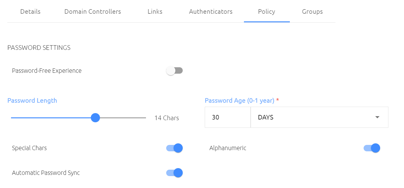 Secret Double Octopus password policy settings showing password-free experience, password length, password age, special characters, alphanumeric, and automatic password sync